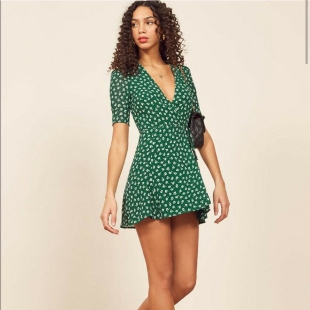 Reformation green floral wrap mini dress